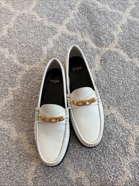Celine Shoes - Celine White Leather Loafers with Gold Chain Accent